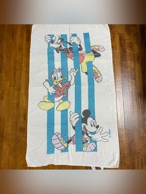 Vtg Franco Disney Mickey Mouse Donald Duck Goofy Beach Towel Blue Stripe Cotton